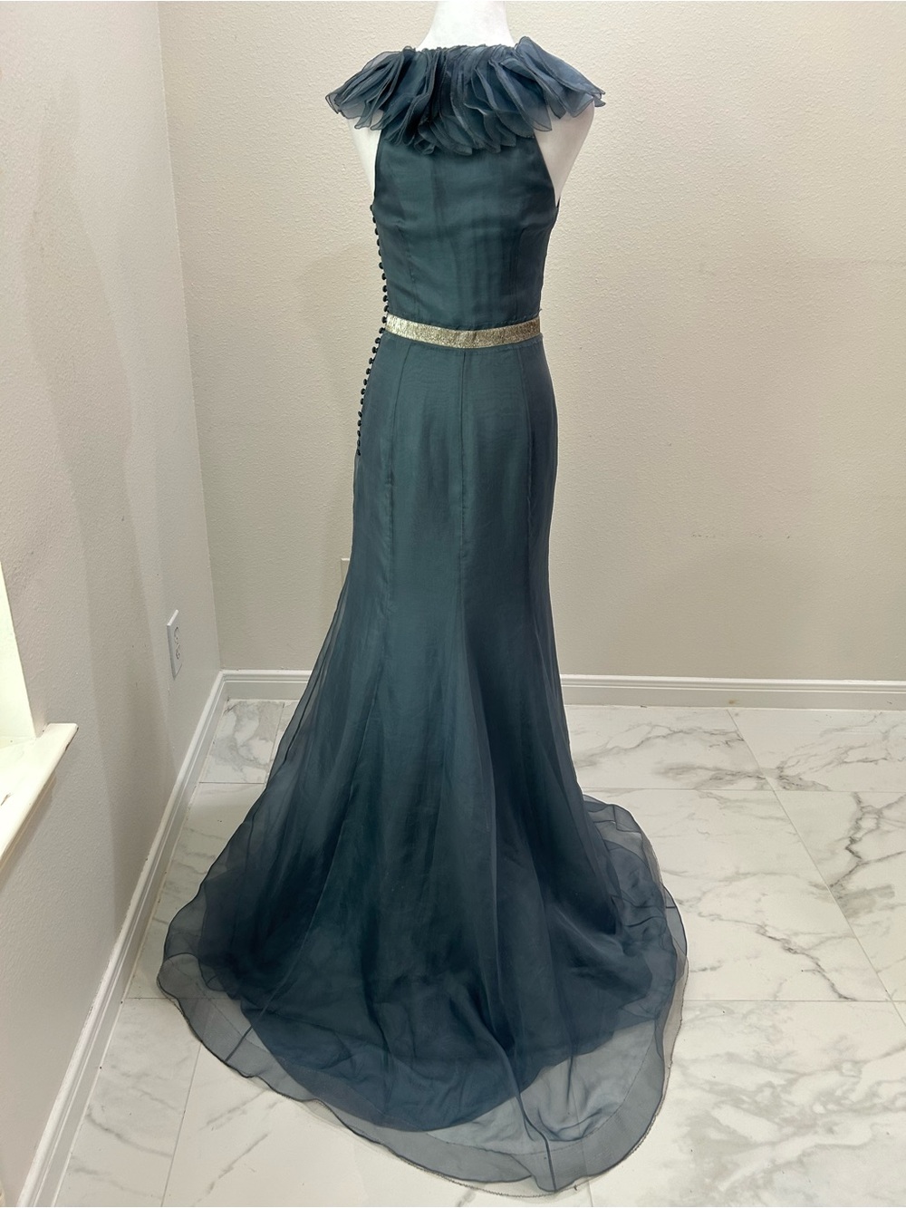 Lela Rose Slate Blue Evening Gown with Ruffled V-Neck, 100% Silk Organza Dress - Picture 9 of 15